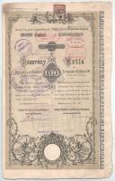 Budapest 1895. "Salgó-Tarjáni Kőszénbánya Részvénytársulat" részvénye 100K-ról, magyar-német kétnyelvű részvény, bélyegzésekkel, szárazpecséttel T:F Hungary / Budapest 1895. "Salgótarjáni Kőszénbánya Részvénytársulat" Coal Mining Company share about 100 Korona, Hungarian-German bilingual, cancellation, embossed stamp C:F
