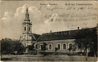 1911 Tiszaistvánfalva, Backi Jarak; Kirche und Pfarrhaus / templom és paplak / church, vicarage + "154 B" vasúti mozgóposta bélyegző (kopott sarkak / worn corners)