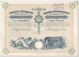 Budapest 1926. "Borsodi Szénbányák Részvénytársaság" részvénye 10P-ről, szelvényekkel, szárazpecséttel T:XF Hungary 1926. Budapest "Borsod Coal Mines Limited Liability Company" share of 10 Pengő, with coupons, with embossed stamp C:XF