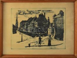 Duray Tibor (1912-1988): Bécsikapu tér (Budai vár). Rézkarc, papír, jelzett, kissé foltos, üvegezett fakeretben, 29,5×39 cm