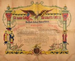 1906 Az amerikai görög katolikus szövetség díszes litho oklevele, Hajtva. 50x40 cm l + a szervezet u...