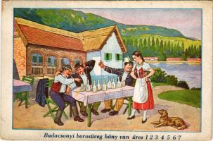1949 Badacsony, Kisfaludy ház, Badacsonyi borosüveg hány van üres 1, 2, 3, 4, 6, 7... humoros képeslap részeg férfiakkal (kopott sarok / worn corner)