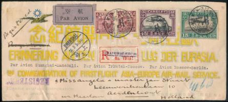 1931 Azsia - Európa első repülés ajánlott alkalmi légi levél Sanghaiból Hollandiába / First flight to Europe registered airmail cover to holland