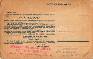 Japán jelenet, hátoldalán drogéria reklámokkal / Japanese scene art postcard, with advertisements on...