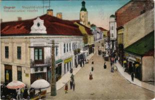 Ungvár, Uzshorod, Uzhhorod, Uzhorod; Nagyhíd és Rákóczi utca, piac, üzletek, bor és sörcsarnok / street, market, shops, beer and wine hall + "ORSZÁGOS FRONTHARCOS SZÖVETSÉG III. KER. FŐCSOPORTJA 62-IK KÖRZETE" (EM)