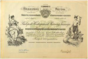 Budapest 1918. "Budapesti Hentesiparosok Részvény Társasága" névre szóló részvénye 500K-ról teljes szelvényívvel T:XF / Hungary 1918. Budapest "Budapest Butchers' Share Company" shares from 500 Korona with full coupon sheet C:XF