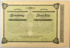 Budapest 1914. "Szlavoniai H. É. (Helyi Érdekű) Vasut-Részvény-Társaság" törzsrészvénye 400K-ról szelvényekkel T:AU Hungary 1914. Budapest "Slavonian Local Interest Railway Company" common stock with coupons from 400 Korona C:AU