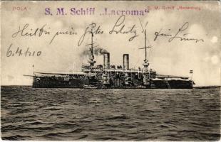 1910 Pola, Pula; SM Schiff Babenberg. K.u.K. Kriegsmarine. G. Costalunga 1909. / SMS BABENBERG az Osztrák-Magyar Haditengerészet Habsburg-osztályú pre-dreadnought csatahajója / Austro-Hungarian Navy SMS Babenberg pre-dreadnought battleship + "S.M. Schiff Lacroma" (kopott sarkak / worn corners)