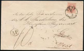 1870 5kr 2. súlyfokozatú levélen "PEST / LIPÓTVÁROS" - Graz, ahol 10kr portóval és "AP" keretes bélyegzéssel visszaküldve Pestre / 5kr on 2nd weight class cover to Graz, returned to Pest with 10kr postage due
