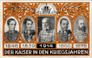 1848-1859-1866-1878-1914 Ferenc József portréja különböző háborúk idején. Szecessziós keret / Der Kaiser in den Kriegsjahren / Franz Joseph at the time of various wars. Offizielle Postkarte für das Rote Kreuz, Kriegsfürsorgeamt und Kriegshilfsbüro 12. Art Nouveau frame (EB)