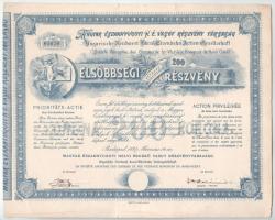 Budapest 1897. "Magyar Északnyugoti H. É. (Helyi Érdekű) Vasút Részvény Társaság" elsőbbségi részvénye 200K-ról, szárazpecséttel T:XF több kisebb szakadás Hungary 1897. Budapest "Hungarian Northwestern Local Interest Railway Share Company" preference share of 200 Korona, with embossed stamp C:XF several minor tears