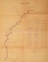 1959 Tisza-túra útvonal térkép és menetrend, kézzel írt feljegyzésekkel, kissé sérült, ragasztott, 55,5x43 cm