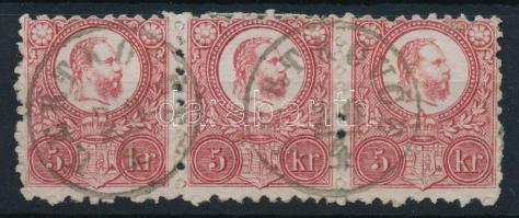 1871 Réznyomat 5kr hármascsík / Mi 10 strip of 3 "HERTKOVCE" (Gudlin 800 p) (eltömődött fogak)