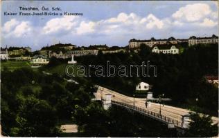 1914 Cieszyn, Teschen; Kaiser Franz-Josef-Brücke u. Kasernen / bridge, K.u.K. military barracks (EK)