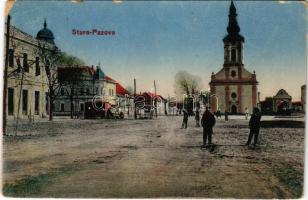 1918 Ópazova, Ó-Pazna, Ó-Pazua, Alt Pazua, Stara Pazova; utcakép, templom. Ivana N. Torer kiadása / street, church (EM)