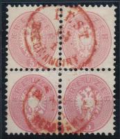 1864 5kr négyestömb, látványos friss darab, piros / red "PEST / RECOMANDIRT" (Ryan 900 p) Certificate: Ferchenbauer