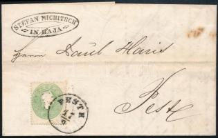 1862 Baján írt, Pesten helyi levélként feladott küldemény 3kr bérmentesítéssel / Cover written in Baja, posted as a local letter in Pest, with 3kr postage due