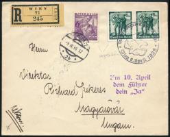 1938 Ajánlott levél Bécsből Magyaróvárra, osztrák-német vegyes bérmentesítéssel / Registered cover with Austrian-German mixed franking "WIEN"