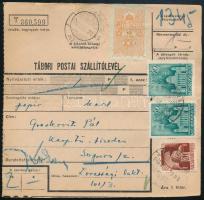 1943 Szállítólevél 3 bélyeg mellett 10f okmánybélyeggel / Parcel card with fiscal stamp