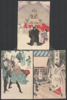 3 db rizspapírra készült távol-keleti kép (kézzel színezett, vagy kézzel rajzolt?), jelzés nélkül, 15x10 cm