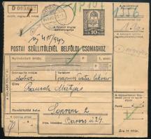 1943 Szállítólevél és a hozzátartozó nyomtatvány 22 db bélyeggel / Parcel card