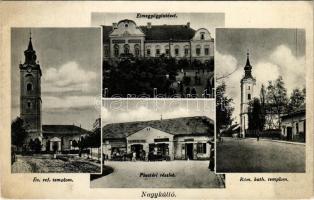 1938 Nagykálló, református és római katolikus templom, elmegyógyintézet, Piac tér, automobil, Dohánynagyáruda üzlete és kiadása (EK)