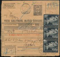 1943 Szállítólevél 15 db bélyeggel (hajtott) / Parcel card with 15 stamps "BUDAPEST" (folded)