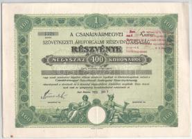 Makó 1924. "A Csanádvármegyei Szövetkezeti Áruforgalmi Részvénytársaság" névre szóló részvénye 400K-ról, szelvényekkel, felülbélyegzéssel T:F Hungary 1924. Makó "Csanád County Cooperative Goods Trading Company" shares of 400 Korona, with coupons, overstamped C:F