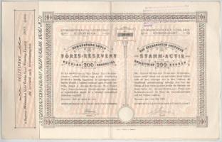 Budapest 1908. "Szatmár-Mátészalkai Helyi Érdekű Vasút Részvénytársaság" törzsrészvénye 200K-ról, szelvényekkel, bélyegzéssel T:XF Hungary 1908. Budapest "Szatmár-Mátészalka Local Interest Railway Company" common stock of 200 Korona, with coupons and stamp C:XF