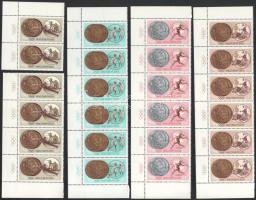 1965 Olimpiai érmesek sor ívsarki 6-os csíkokban, ívszélen karikákkal (50f két darabban)(500% felár) / Mi 2089-2100 stripes of 6, with Olympic rings on the margin (50f in 2 piece)