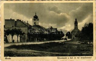 Bicske, utcarészlet, katolikus és református templom (EB)