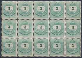 1881 Színesszámú 3kr II. típus 12 : 11 1/2 fogazással, lemezhibákkal 15-ös tömbben / Mi 22 block of 15