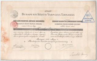 1912. Budapest "Budapesti Közúti Vaspálya Társaság" névre szóló részvénye 200K / 100Ft-ról értékben szárazpecséttel, bélyegzésekkel T:F hajtatlan, de tünyomok és nagy fo.