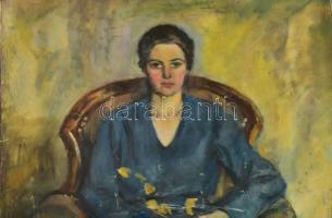 Jelzés nélkül, XX. sz. első fele: Art deco hölgy fotelben, 1930-40 körül. Olaj, vászon. Feltekerve, kisebb gyűrődésekkel, alja vágott. 72x106 cm