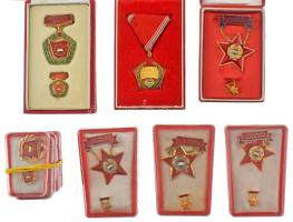 DN (~1970) "Kiváló Munkáért" aranyozott, rátétes, műgyantás kitüntetés mellszalagon, eredeti dobozban + DN(~1975-1980) "Szocialista Brigád" arany-, ezüst- és babérkoszorús kitüntető jelvények miniatűrrel, műanyag tokban (3xklf,5db) + 1970. "Kiváló Dolgozó" aranyozott, műgyantás fém kitüntetés miniatűrrel, tokban (2xklf,4db) + DN "Szocialista Brigád - A Vállalat Kiváló Brigádja" kitüntető jelvény miniatűrrel, eredeti tokban T:AU-VF, tok hiba