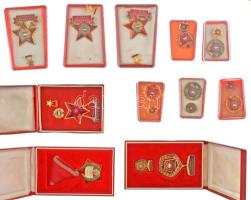 DN (~1970) "Kiváló Munkáért" aranyozott, rátétes, műgyantás kitüntetés mellszalagon, eredeti dobozban + DN(~1975-1980) "Szocialista Brigád" arany-, ezüst- és babérkoszorús kitüntető jelvények miniatűrrel, műanyag tokban (3xklf,5db) + 1970. "Kiváló Dolgozó" aranyozott, műgyantás fém kitüntetés miniatűrrel, tokban (2xklf,4db) + DN "Szocialista Brigád - A Vállalat Kiváló Brigádja" kitüntető jelvény miniatűrrel, eredeti tokban T:AU-VF, tok hiba