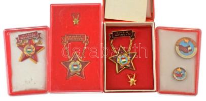 DN (1960 k) "A Könnyűipar Kiváló Dolgozója" zománcozott fém jelvény, miniatűrrel műanyag tokban + 1970. "Kiváló Dolgozó" aranyozott, műgyantás fém kitüntetés miniatűrrel, tokban (2xklf,3db), az egyik viselési igazolvánnyal T:AU