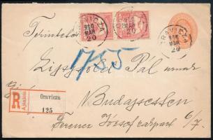 1900 Ajánlott 5kr díjjegyes levél előoldalon 2 x Turul 10f + hátoldalon Turul 5f díjkiegészítéssel / Registered PS-cover with 25f additional franking "ORAVICZA" - Budapest
