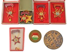 DN (1970 k) "Magyar Néphadsereg - Ifjú Gárda Katonai Szakalegység" műgyantás fém lemezjelvény + DN "25 éves munkáért - Országos Szakipari Vállalat" kétoldalas fém emlékérem + 1970. "Kiváló Dolgozó" aranyozott, műgyantás fém kitüntetés miniatűrrel, műanyag tokban (2xklf,6db, ebből 4x tokban, miniatűrrel) + DN "Szocialista Brigád - A Vállalat Kiváló Brigádja" kitüntető jelvény miniatűrrel + DN(~1975-1980) "Szocialista Brigád" (2xklf: aranyozott + ezüstözött) kitüntető jelvények miniatűrrel T:AU-VF