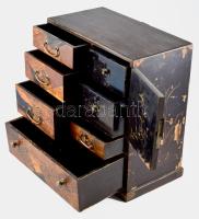 Ékszerszerkrény. Antik keleti, buddhista motívumokkal, közötte svastikával díszített. Lakkozott fa, ...