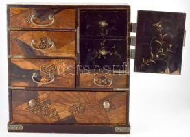 Ékszerszerkrény. Antik keleti, buddhista motívumokkal, közötte svastikával díszített. Lakkozott fa, ...