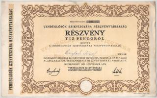 1923. Pesterzsébet (Budapest) "Vendéglősök Szikvízgyára Részvénytársaság" névre szóló részvénye 10P-ről, szelvényekkel, szárazpecséttel T:AU sarokhajlások