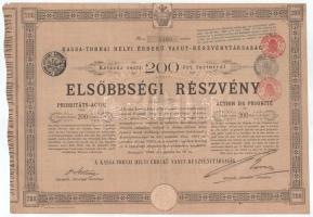 Budapest 1890. "Kassa-Tornai Helyi Érdekű Vasut-Részvénytársaság" elsőbbségi részvény 200K-ról szárazpecséttel, bélyegzésekkel T:F / Hungary / Budapest 1890. "Kassa-Tornai Helyi Érdekű Vasut-Részvénytársaság (Kassa-Tornai Local Interest Railway Share Company)" share about 200 Forint with embossed stamp and cancellations C:F