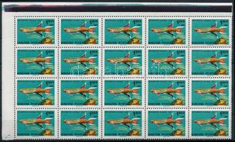 1962 Akváriumi díszhalak 1,50Ft ívszéli 20-as tömb, minden érték dupla évszámmal!, ívszélen festékcsík / Mi 1827 block of 20 with plate variety