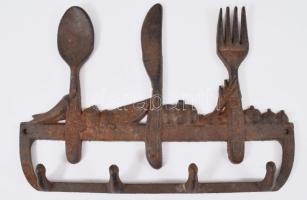 Vas konyhai akasztó, evőeszköz díszítményekkel, 20x29 cm