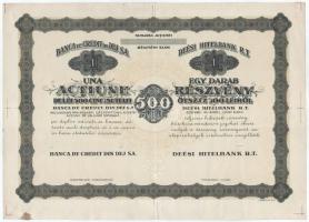 Románia / Dés DN "Deési Hitelbank R.T." részvény 500L-ről, sorszám nélkül MINTA, látható illesztőkerettel T:F tűly. Romania / Dej ND "Deési Credit Bank Limited Liability Company" share from 500 Lei, SAMPLE without serial number, with visible fitting frame C:F pin holes