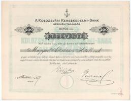 Kolozsvár 1912. "Kolozsvári Kereskedelmi-Bank" névre szóló részvénye 200K-ról szárazpecséttel, szelvényekkel T:AU / Hungary / Kolozsvár (Cluj) 1912. "Commercial Bank of Kolozsvár" share about 200 Korona with embossed stamp, coupons C:AU