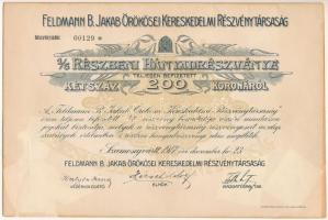 Szamosújvár 1917. "Feldmann B. Jakab Örökösei Kereskedelmi Részvénytársaság" részvénye 200K-ról T:VF hajtatlan, de nagyobb ragasztott szakadással / Hungary 1917. Szamosújvár (Gherla) "Heirs of Jakab B. Feldmann Share Company" share about 1000 Korona C:VF unfolded but with rather large, taped tear