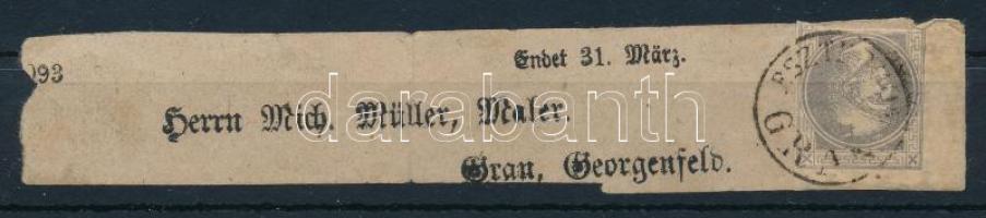 1867 Hírlapbélyeg címszalag darabon "ESZTERGOM GRAN"