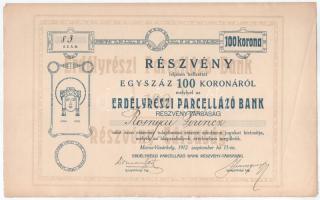 Marosvásárhely 1912. "Erdélyrészi Parcellázó Bank" névre szóló részvény 100K-ról T:XF Hungary 1912. Marosvásárhely (Târgu Mureş) "Transylvania Parceling Bank" share of 100 Korona C:XF